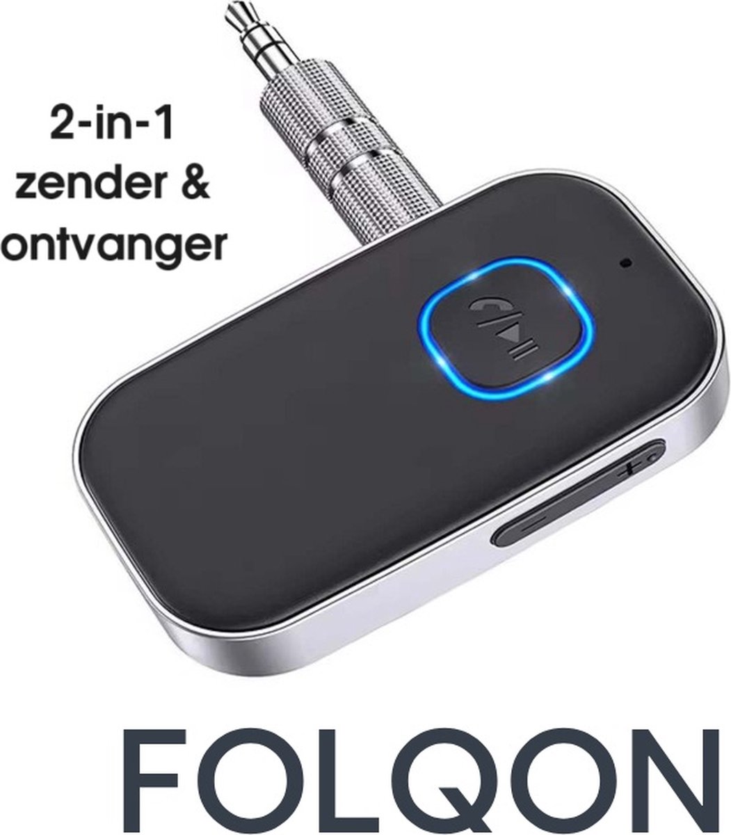 FOLQON - Bluetooth 5.0 Zender en Ontvanger - Handsfree Bellen - Bluetooth AUX audio - Dual Device Connectie - 16 uur Batterij - AUX adapter - Bluetooth via AUX - incl. 1 meter audio jack kabel