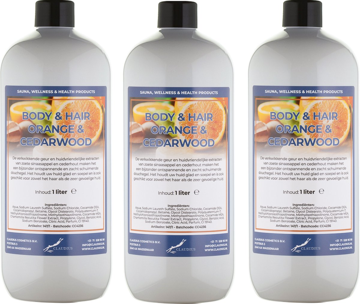 Goedkoopste Body & Hair Sweet Orange & Cedarwood 1 liter - set van 3 stuks - 2 in 1 voor lichaam en haar.