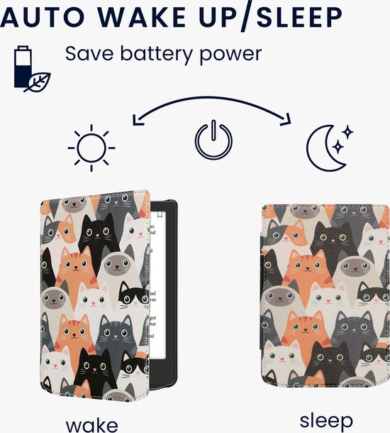 kwmobile e-reader hoesje geschikt voor Pocketbook Verse / Verse Lite / Verse Pro / Color / Vivlio Light/Light HD hoes - E reader flip case met magnetische sluiting - Ereader cover - Katten design in oranje / zwart / wit van Merkloos — afbeelding 3