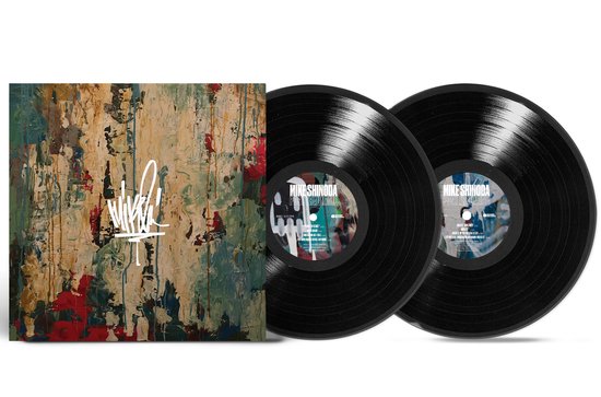 Pochette d'album avec éclaboussures de peinture abstraites en vert, rouge et marron, avec une signature blanche. Deux disques vinyles noirs à côté.