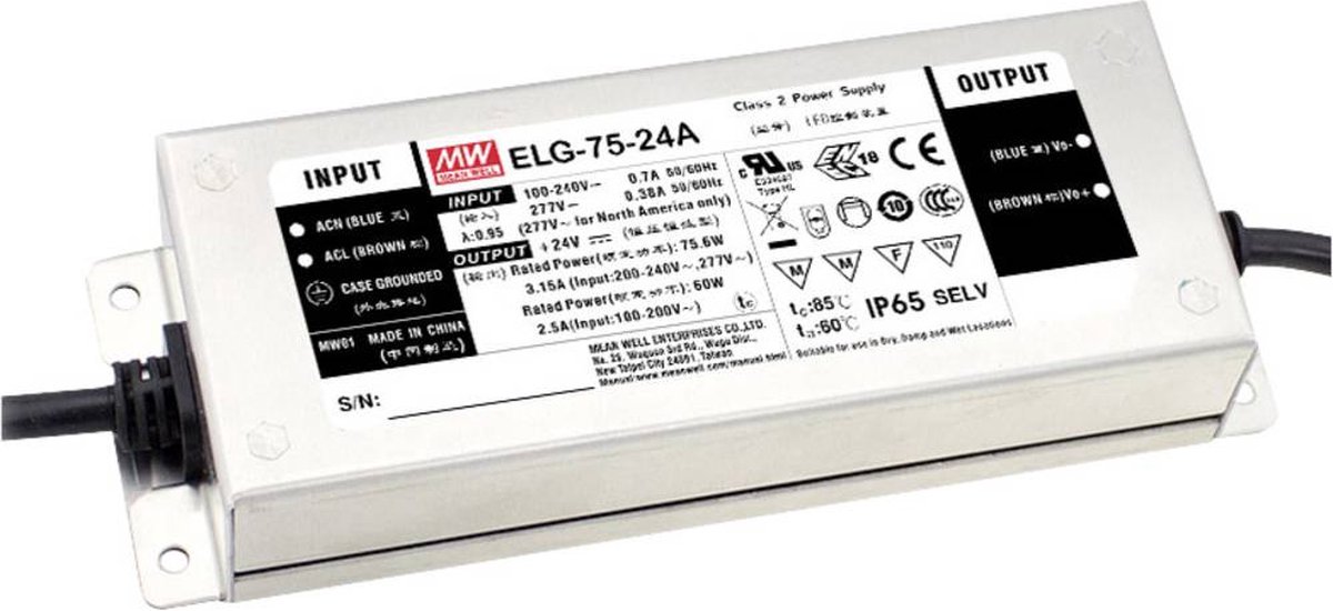 Mean Well ELG-75-24A-3Y LED-driver Constante spanning, Constante stroomsterkte 75.6 W 3.15 A 12 - 24 V/DC Dimbaar, PFC-