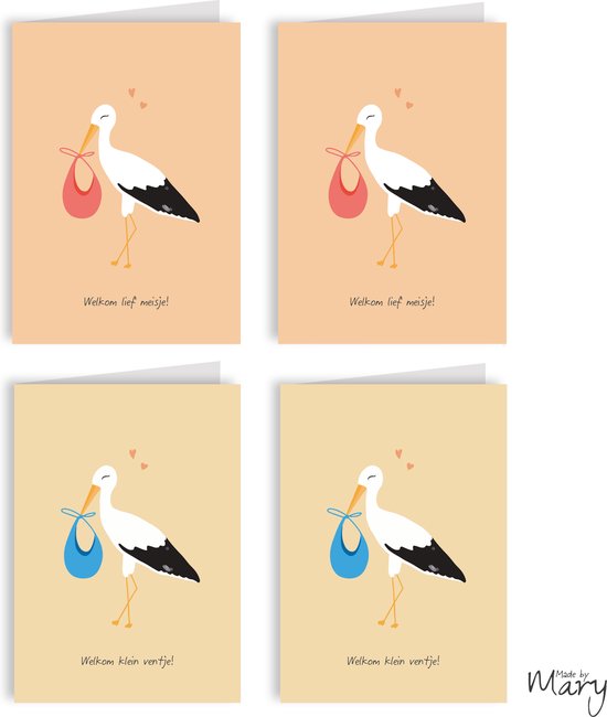 Wenskaarten geboorte - 8x gevouwen kaart ooievaar (2x4) - Felicitatie geboortekaartjes met enveloppen - Made by Mary