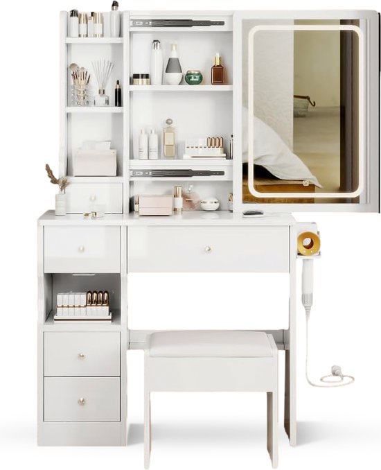 Tutabelle Kaptafel - Met Spiegel en Verlichting - Make Up Tafel - Met Spiegel en Lampen - Inclusief Stoel - Wit