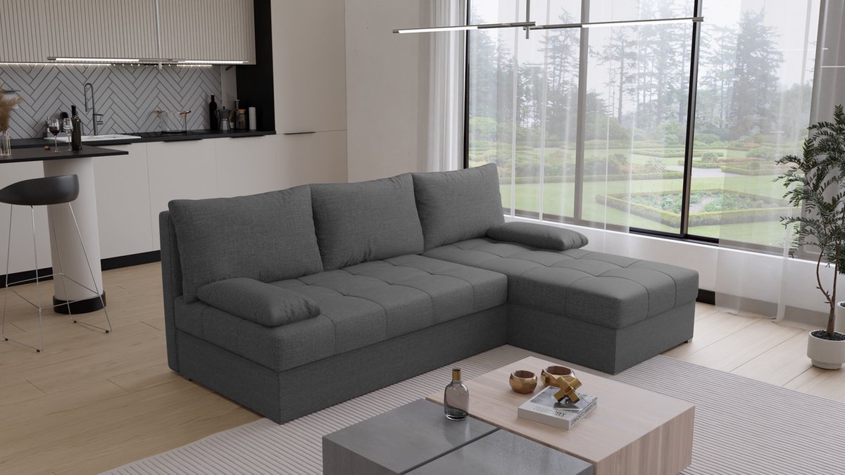 Hoekbank Rabat - Universeel - Stof - Antraciet - Slaapbank met opbergruimte - Links of Rechts - Direct Leverbaar - Hoekzetel - Chaise longue - Zetel met slaapgedeelte - 3 zits - Zitcomfort stevig