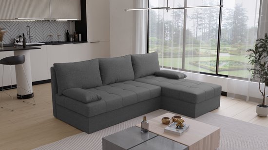 Hoekbank Rabat - Universeel - Stof - Antraciet - Slaapbank met opbergruimte - Links of Rechts - Direct Leverbaar - Hoekzetel - Chaise longue - Zetel met slaapgedeelte - 3 zits - Zitcomfort stevig