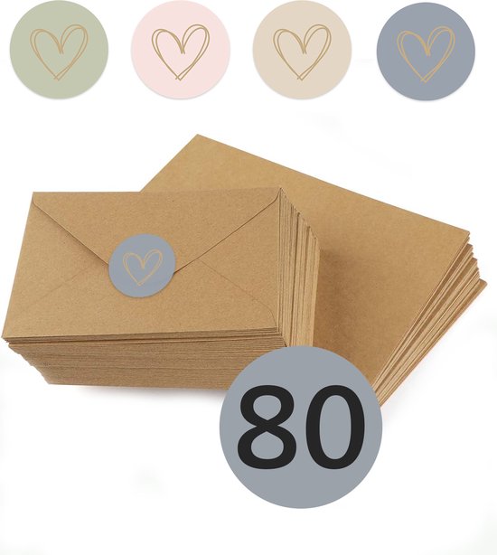 Foto: 80x kraft enveloppen 80 sluitstickers deco hart 11 4 x 16 2 cm voordeelset 80 stuks 100 gerecycled kraft papier a6 envelop eco