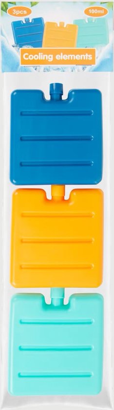 Set van drie blauwe, oranje en lichtblauwe koelblokjes met ribbels.
