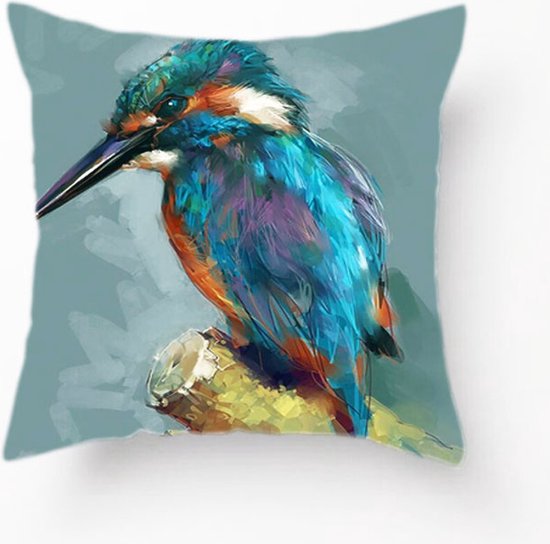 Kussens - kussenhoes IJsvogel Blauw - 45x45 - met rits - sierkussenhoes - vogelprint - witte achterkant
