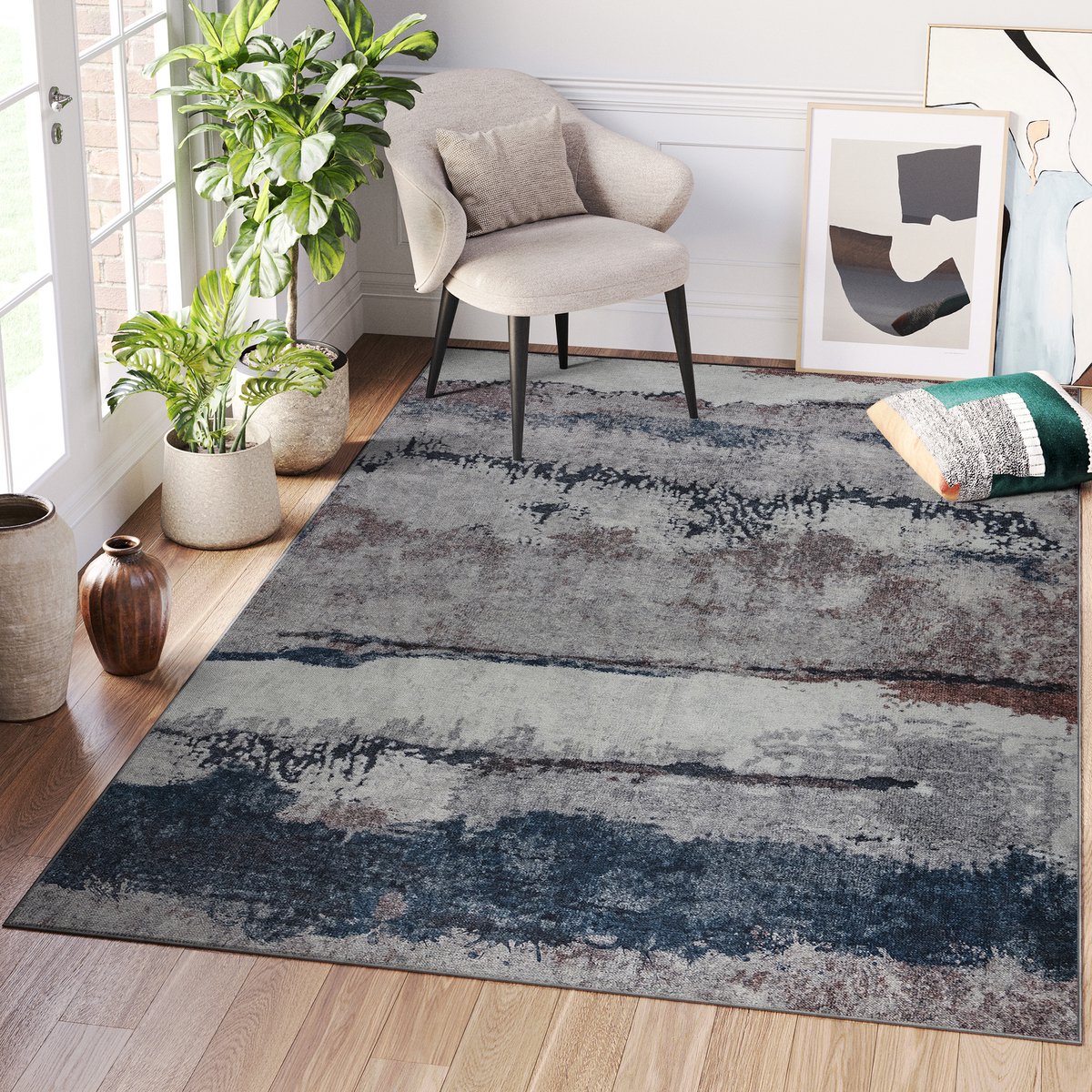 Tapiso Ritz Vloerkleed Grijs Katoen Antislip Abstract Modern Tapijt Maat- 120x170 Grijs Abstract