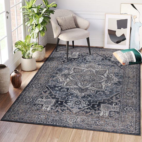 Tapiso Ritz Vloerkleed Donkergrijs Katoen Antislip Vintage Woonkamer Tapijt Maat- 200x300