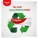 Colgate tandpastabuis in recycle-symbolen. "Nu met recyclebare tube" tekst.