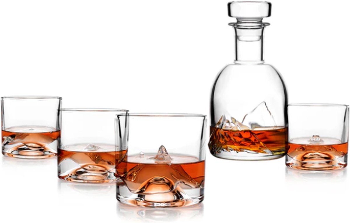Liiton The Peaks Set, 4 verschillende Peaks Whiskey glazen en 1 karaf 1.0L, helder, giftbox