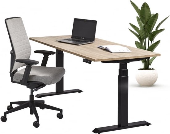 Ergowork® Zit sta bureau elektrisch verstelbaar | 160 x 80 cm | Frame zwart - Blad eiken - naturel