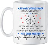 Subli-Print Classic Mug 330 Ml - Mug personnalisé Cadeau - À mon papa bonus Bien que je ne vienne pas de ta poche, je sais que tu me soutiens toujours. Merci d'avoir supporté ma maman - Mug avec texte - Wit/ bleu / noir / rouge