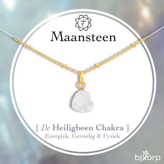 Bixorp Maansteen Hartje Ketting - Edelsteen Heiligbeen Chakra Hanger - Roestvrij Staal met Verguld Goud - 36+8cm