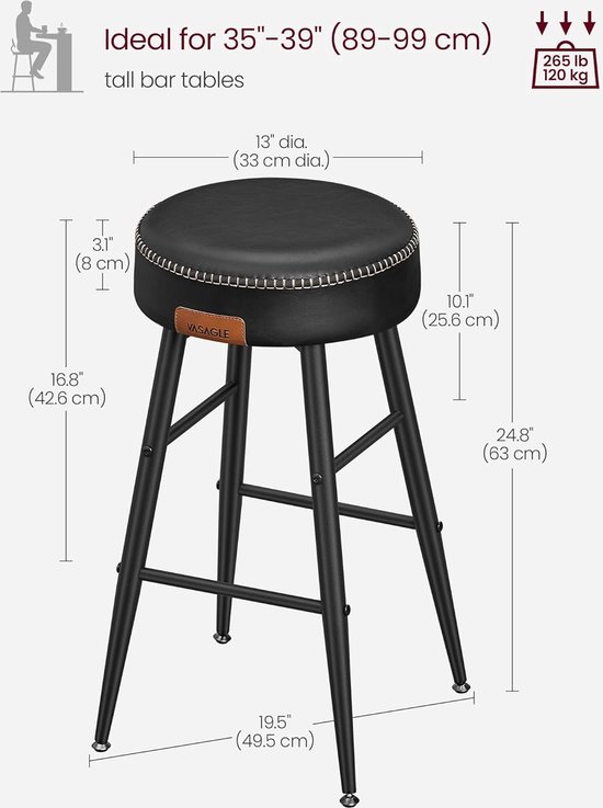 VASAGLE EKHO Collection LBC290B01 Barkruk, 4 stuks, keukenstoel, top, PU met naden, moderne stijl, zithoogte 76,2 cm, keuken, bar, eenvoudige montage, inktzwart VASAGLE EKHO Collection LBC290B01 Barkruk, 4 stuks, keukenstoel, top, PU met naden, moderne stijl, zithoogte 76,2 cm, keuken, bar, eenvoudige montage, inktzwart