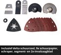 Set van diverse Einhell multitool accessoires, waaronder schuurpapier en zaagbladen.