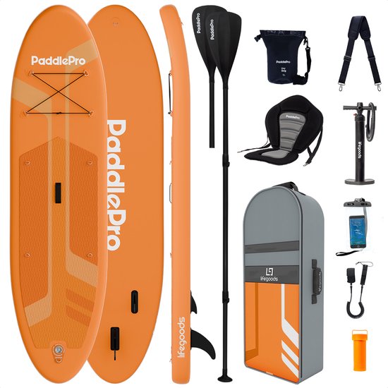 LifeGoods PaddlePro SUP Board - Luxe Set - met Zitje - Opblaasbaar Paddle Board - Max. 150KG - 320x81cm - Oranje