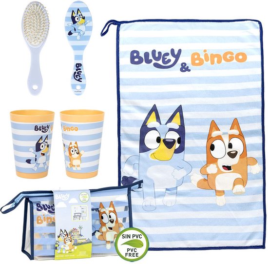 Foto: Bluey toilettas meisjes jongens haarborstel beker handdoek 4 pieces