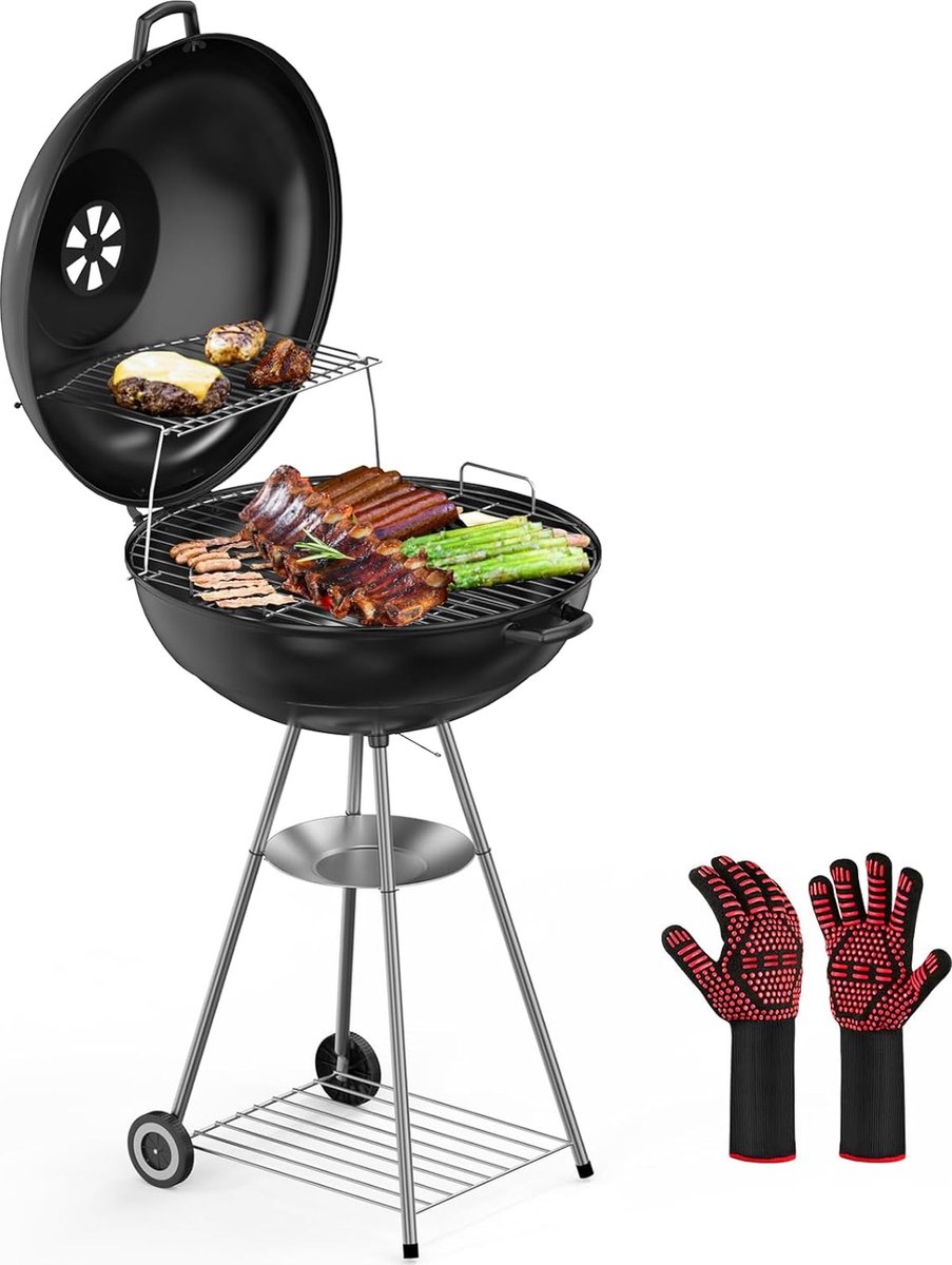 Houtskoolgrill met deksel houtskoolgrill 57 cm premium grillrooster en deksel met barbecuehandschoenen grill voor 4-8 personen voor camping en tuinfeest