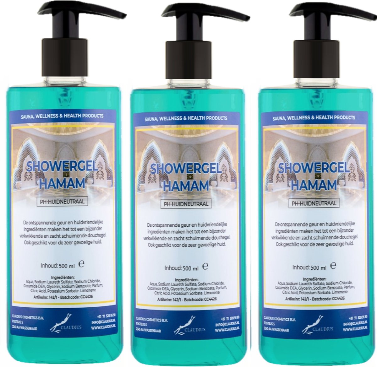 Goedkoopste Douchegel Hamam 500 ml - set van 3 stuks - met gratis pomp - Showergel