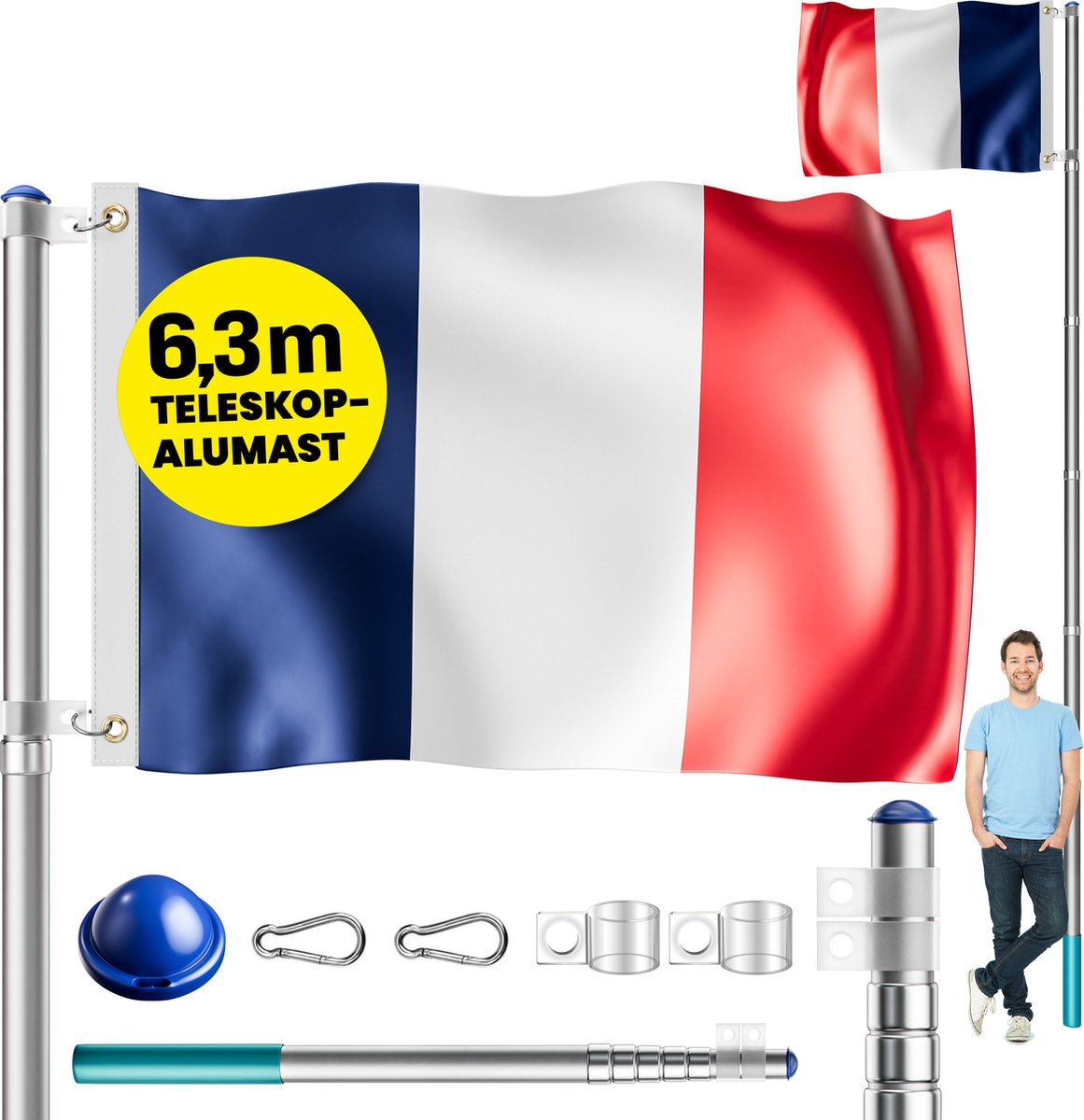 Monzana Vlaggenmast - Vlag Frankrijk Aluminium 6,3m - Verstelbare Hoogte