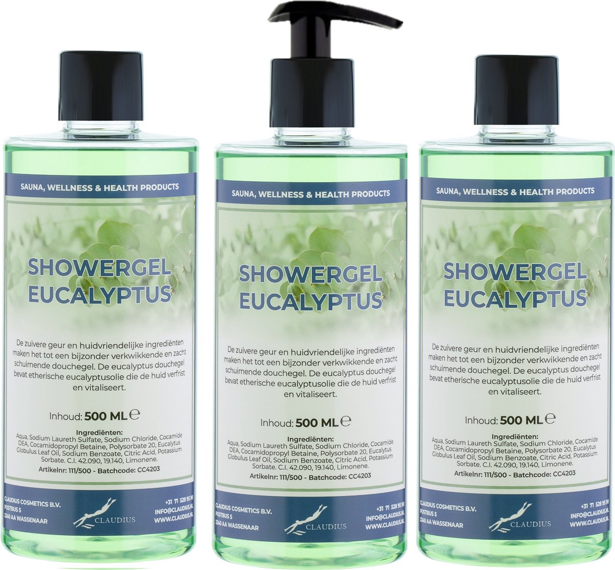 Goedkoopste Douchegel Eucalyptus 500 ml - set van 3 stuks - met gratis pomp - Showergel
