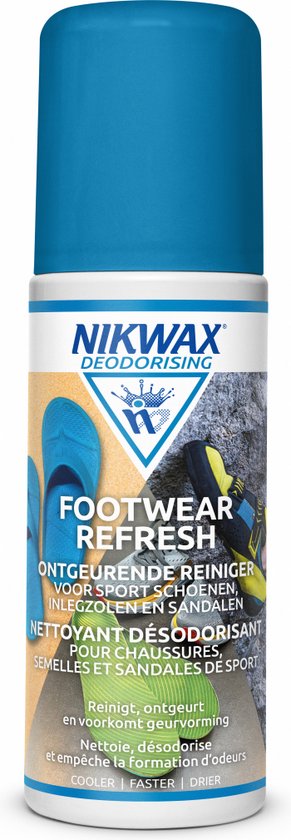 Fles Nikwax Footwear Refresh 125ml met blauwe dop, voor schoenen, sneakers en sandalen.