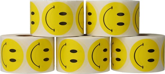 5x 500 Autocollants Smiley ronds 3,8 cm jaunes en rouleau - Autocollant de fermeture Autocollant de récompense Enfants - Étiquette Smiley - Dappaz