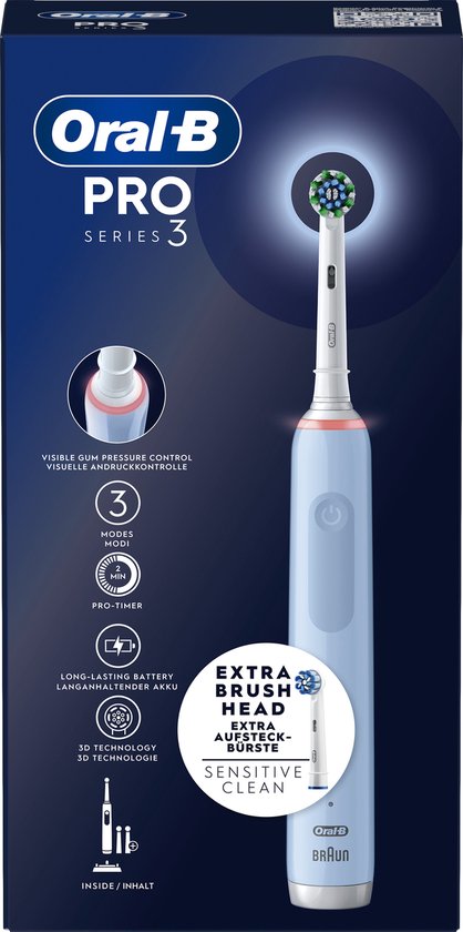 Doos van de blauwe Oral-B Pro Series 3 elektrische tandenborstel met extra opzetborstel.