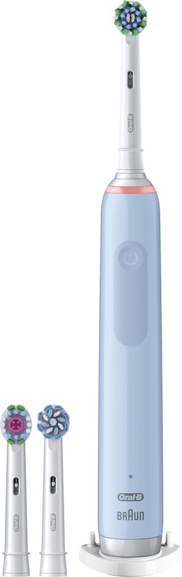 Blauwe Oral-B elektrische tandenborstel met rood lampje en 2 opzetborstels.