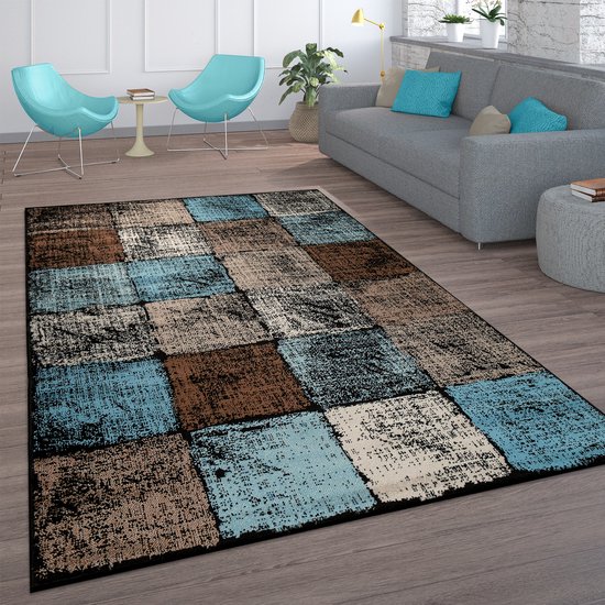 Paco Home Vloerkleed Woonkamer Vintage Laagpolig Marokkaans Patroon Ruiten Turquoise Bruin 80x150 cm