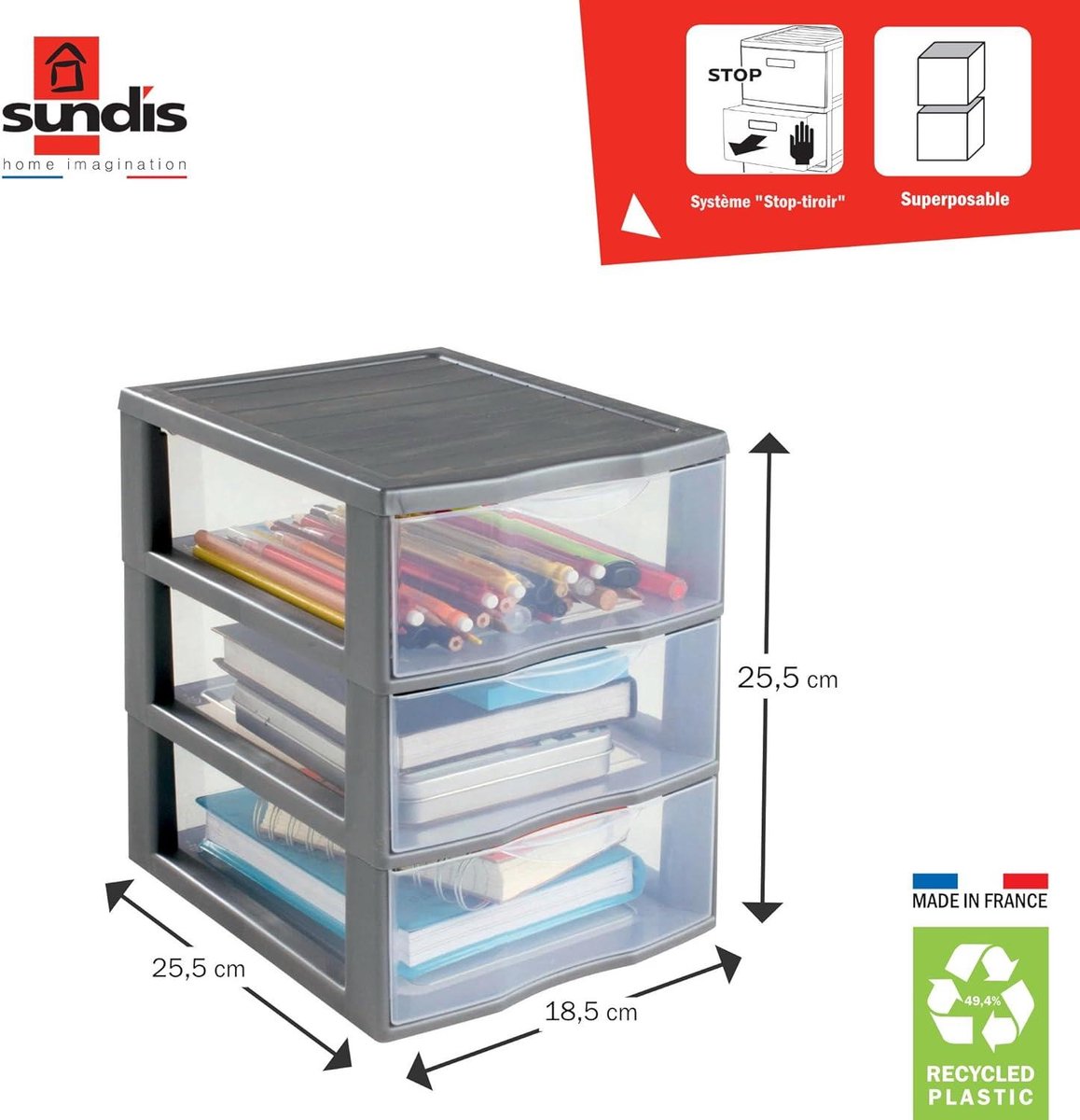 SUNDIS Tag Tower, kunststof opbergtoren, zwart, 2 transparante laden, A4 papierformaat, hoogte 25,5 cm, stapelbaar, ideaal voor kantooropslag, cursussen, documenten, benodigdheden