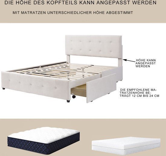BEIJIALY Gestoffeerd bed 140 x 190 cm, jeugdbed, bubbelbed, tweepersoonsbed met zachte rugleuning, plat bed met gevoerde rand, linnen lattenbodem, beige