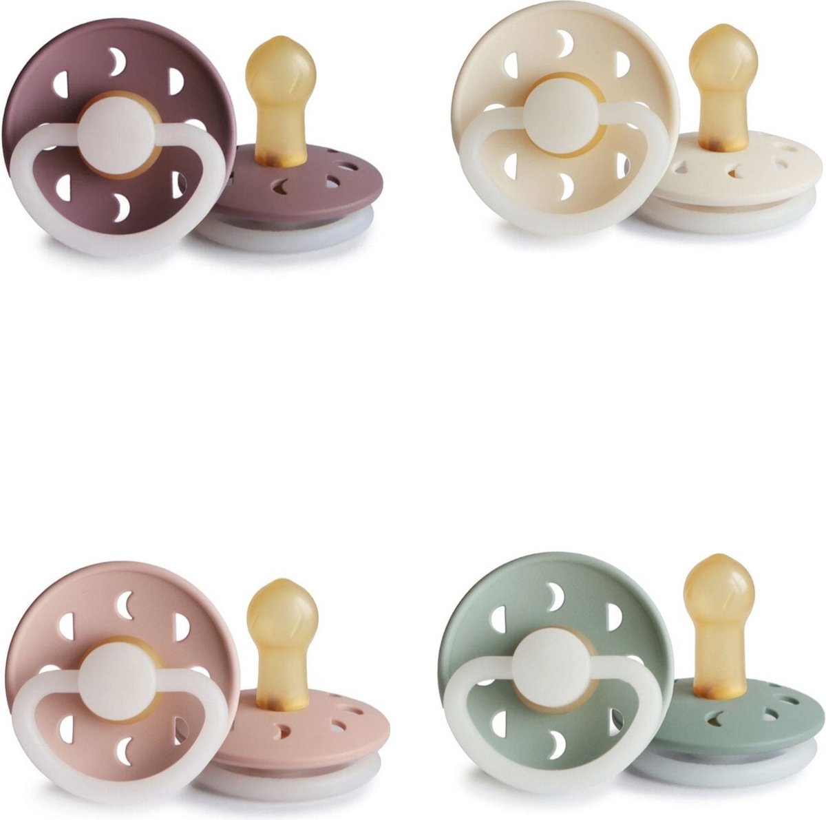 Goedkoopste Frigg Moon Night Fopspeen set 4 stuks Cream Night,Blush Night,Sage Night en Twilight Mauve Moon Night 0-6 maand maat 1