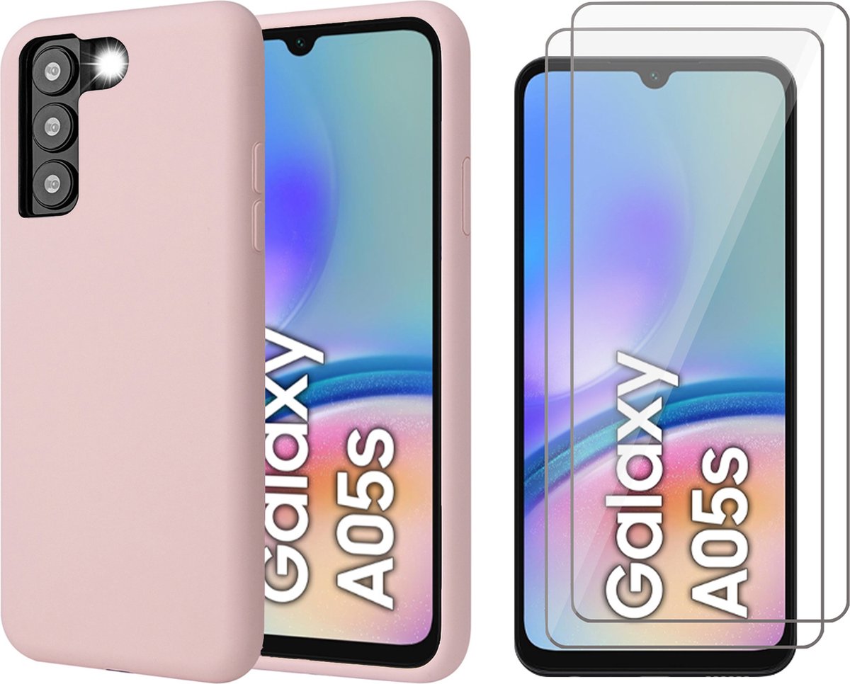 Hoesje geschikt voor Samsung Galaxy A05s - 2x Screenprotector Glas - Mat Back Case Roze