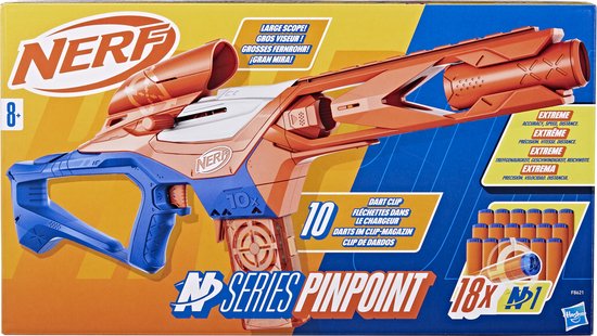 Doos van de Nerf N-Series Pinpoint blaster met oranje en blauwe kleuren, 10-dart cup en 18 darts.
