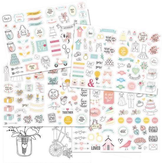 Bruiloft Fotoalbum Huwelijk / Trouwalbum Wedding Scrapbooking stickers – 4 vellen transparante stickertjes – Liefde, hartjes, journal