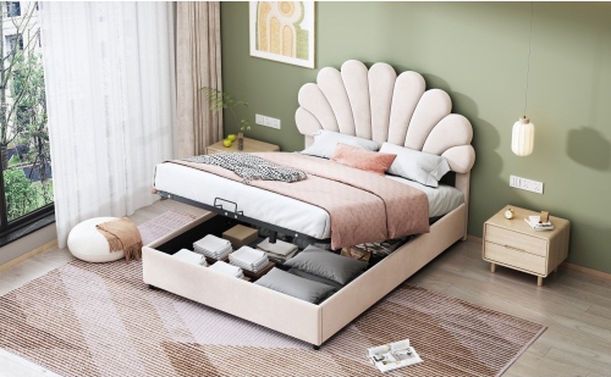 Gestoffeerd bed 140 x 200 cm, met gebloemd hoofdbord en lattenbodem, met in hoogte verstelbaar hoofdbord en hydraulische opbergruimte, tweepersoons juniorbed, huidvriendelijke fluwelen stof, beige