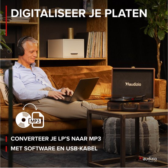 Retro platenspeler met speakers - Audizio RP114W - Model 2025 - met PC software - Houtlook — afbeelding 3