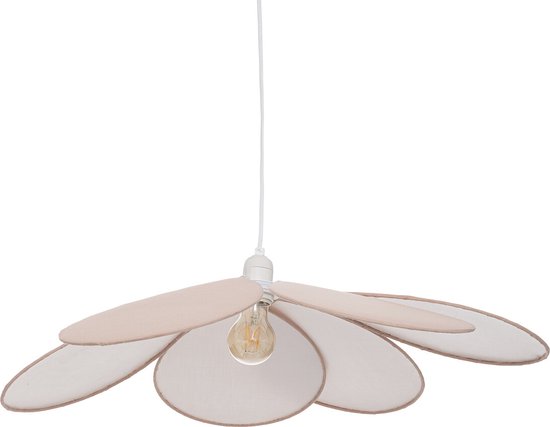 Luminaire suspendu rose avec abat-jour en tissu en forme de fleur et source lumineuse visible.