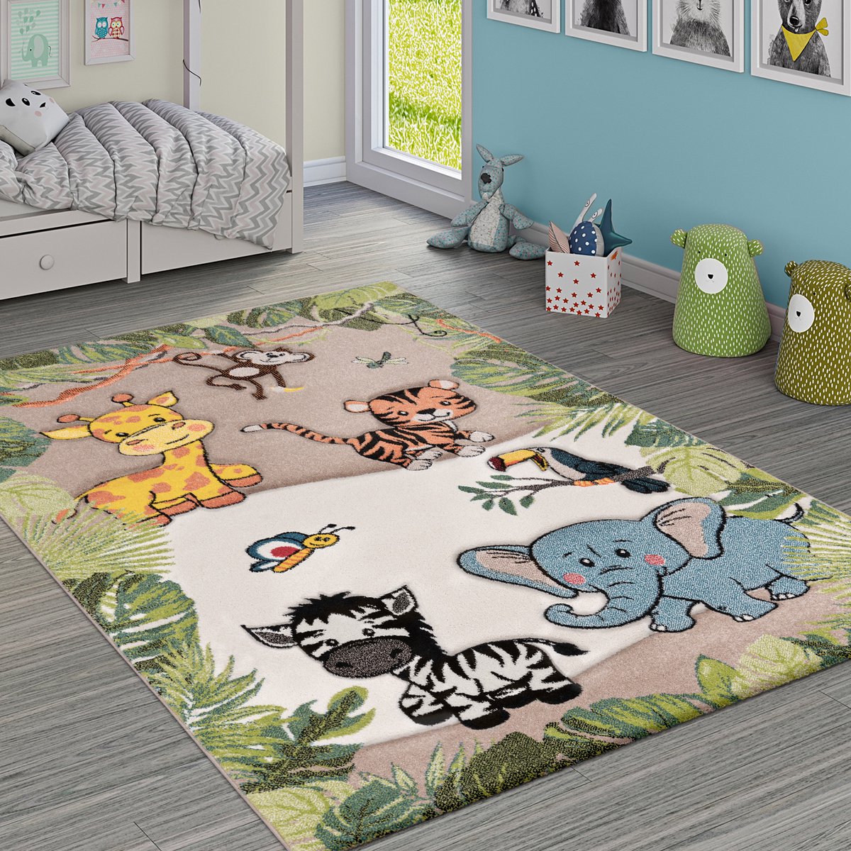 Paco Home Vloerkleed Kinderkamer Jungledieren Giraf Leeuw Aap Zebra Beige/Crème 133 cm Quadrat