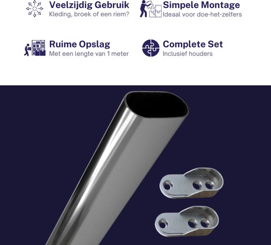 Tringle à vêtements Chrome - 30x15mm - 1 mètre - Tringle de placard - Y compris les supports