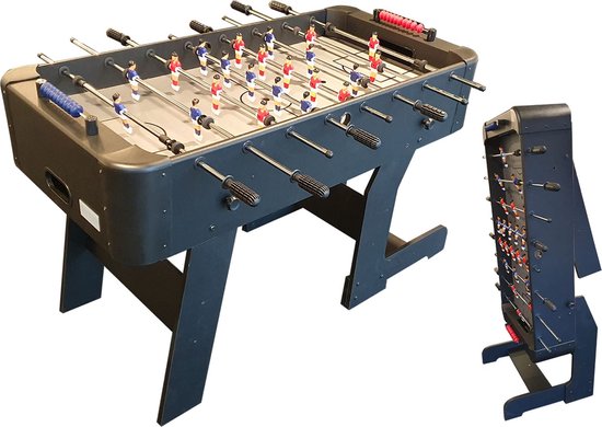 Zwarte opklapbare voetbaltafel met blauwe en rode spelers, getoond in opgevouwen en uitgevouwen positie.