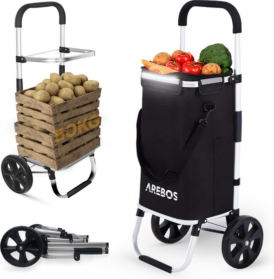 Foto: Arebos 3in1 boodschappentrolley trolley groot 56 liter met koelvak boodschappentas met wieltjes opvouwbare shopper opvouwbare tas afneembaar handtrolley zwart