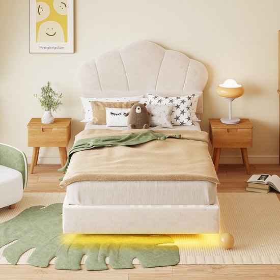 Bed Met Opbergruimte 90x200 Cm - Wit PU - Kinderbed Met Ledverlichting En Usb Oplader Zonder Matras