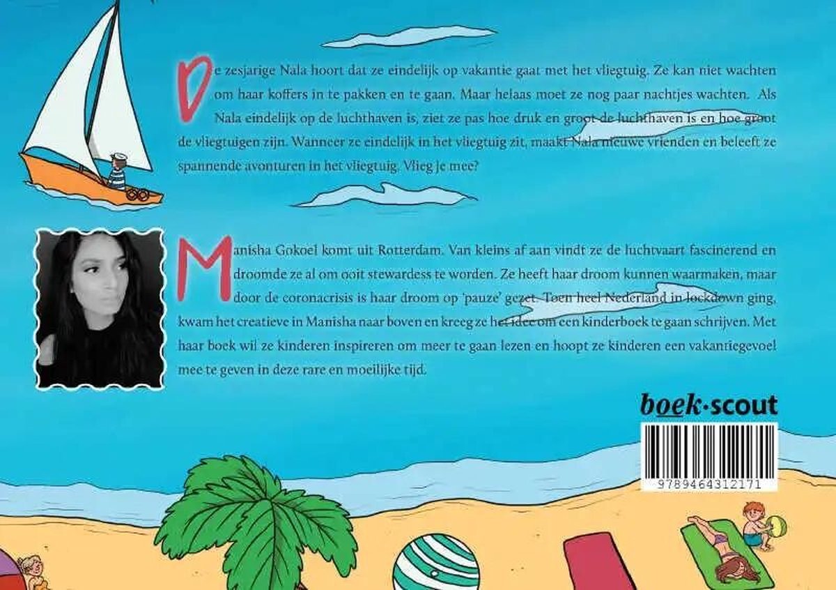Achterkant van een kinderboek met tekst over Nala en Manisha Gokoel. Titel: Het vliegavontuur van Nala.