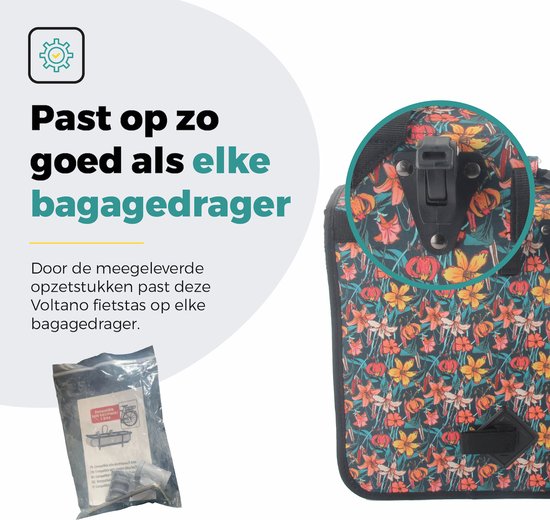 Voltano Enkele Shopper Fietstas - 17 Liter - Floral Fiesta - Zwart Met Kleurrijke Bloemen - Waterdicht - Luxe Universele Bevestiging van Voltano — afbeelding 2