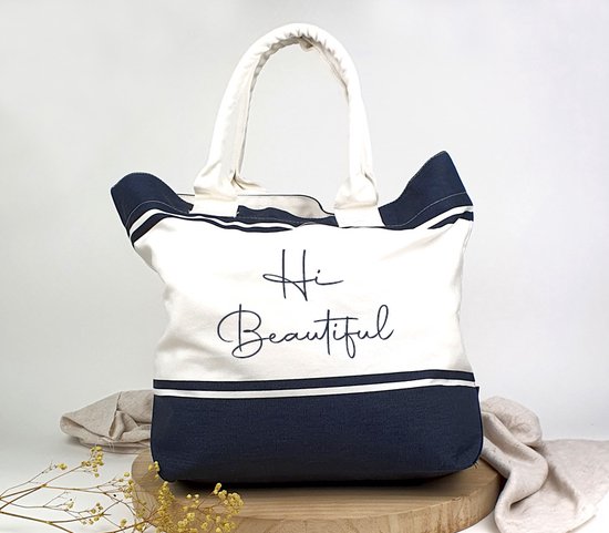 Strandtas - Geborduurd - Strandzak - Shopper - Hi Beautiful - Cadeau - Kado - Verjaardag - Cadeau voor vriendin - Zwemzak - Zwemtas - Cadeau voor mama - Strandtas