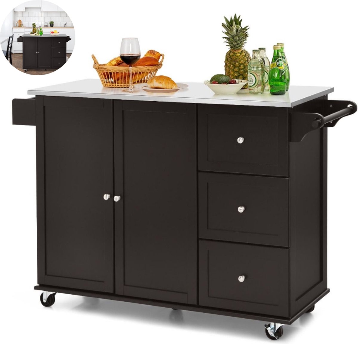 Keukeneiland - Verplaatsbaar - Keukenkast - Dressoir - Organizer - Kasten - Houten Werkblad - 2 Deuren - Bruin